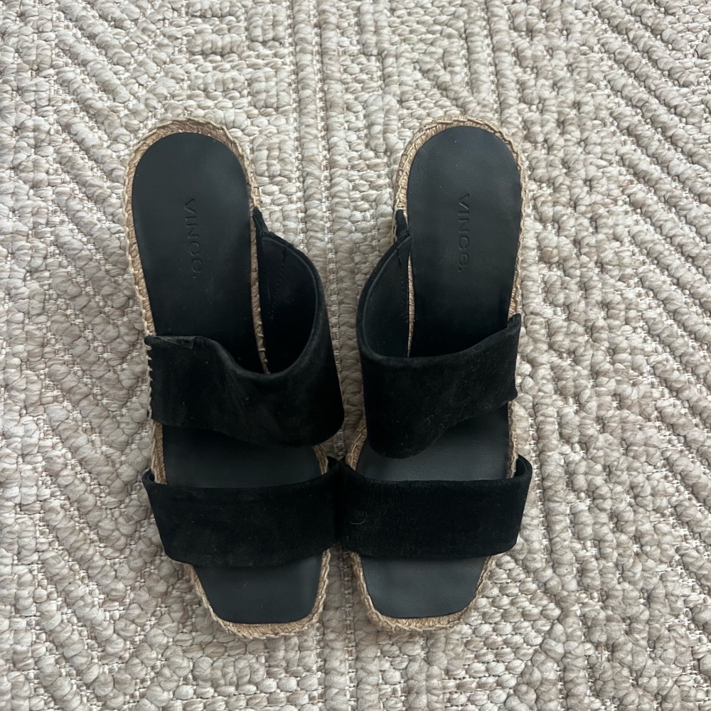 Vince Black Suede Espadrille Wedge Sandals Square Toe Made in Spain 7.5M
